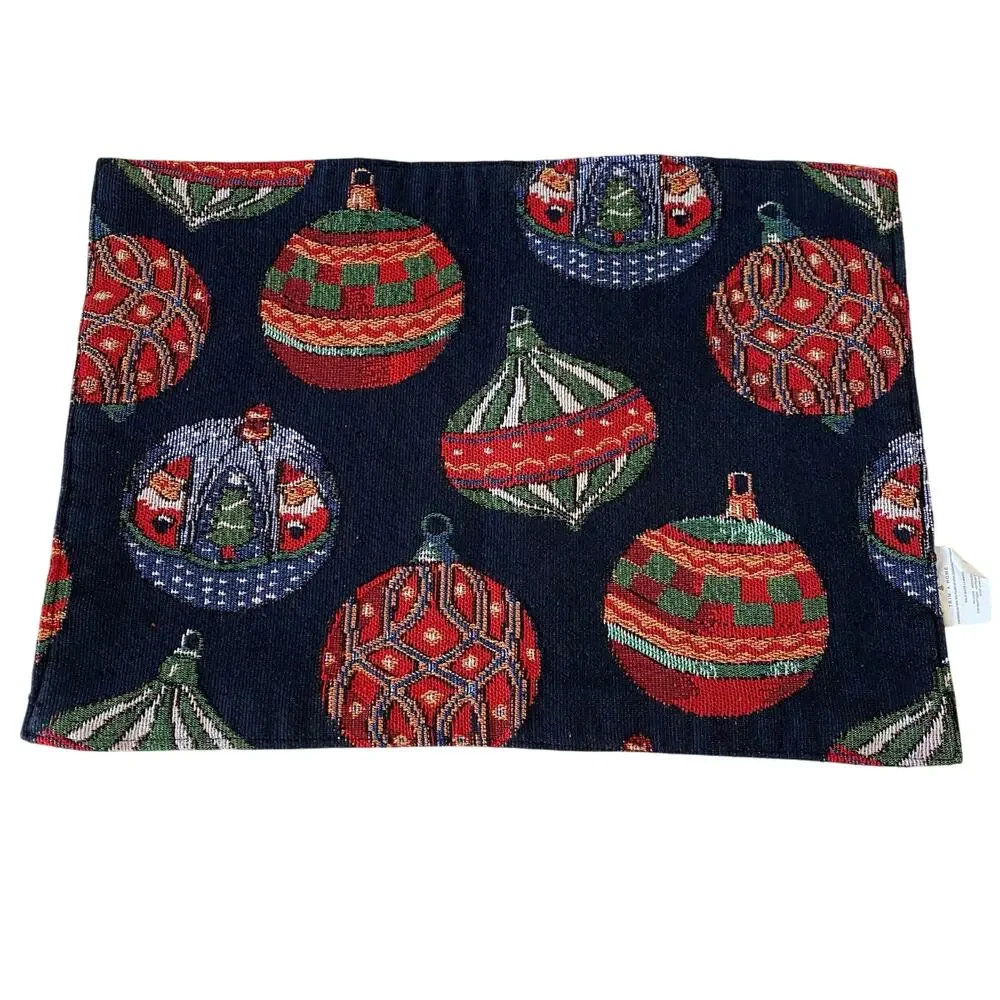 Set of 4 Tapestry Placemats Holiday Christmas Reversible Santa Ornaments 17 X 12